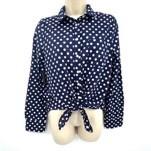 J.Crew Factory Top Women's M 100% Cotton Tie-Front‎ Blue & White Polka Dots NWOT